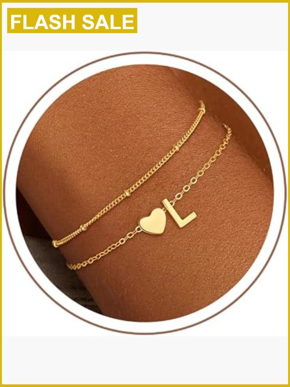 14K Gold Plated Heart Initial Bracelet - Dainty Link Charm Bracelet for Women